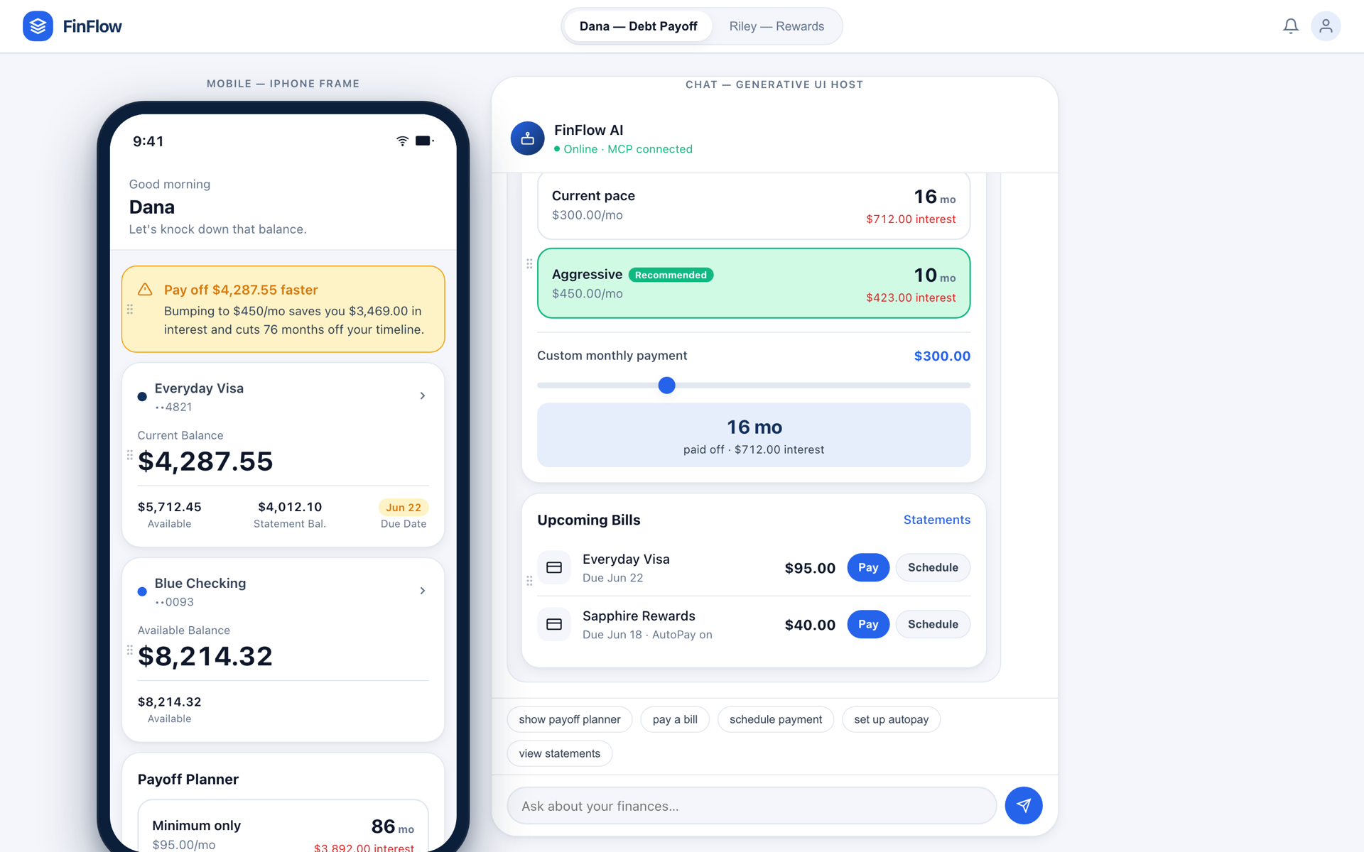 FinFlow generative UI on iPhone and chat host