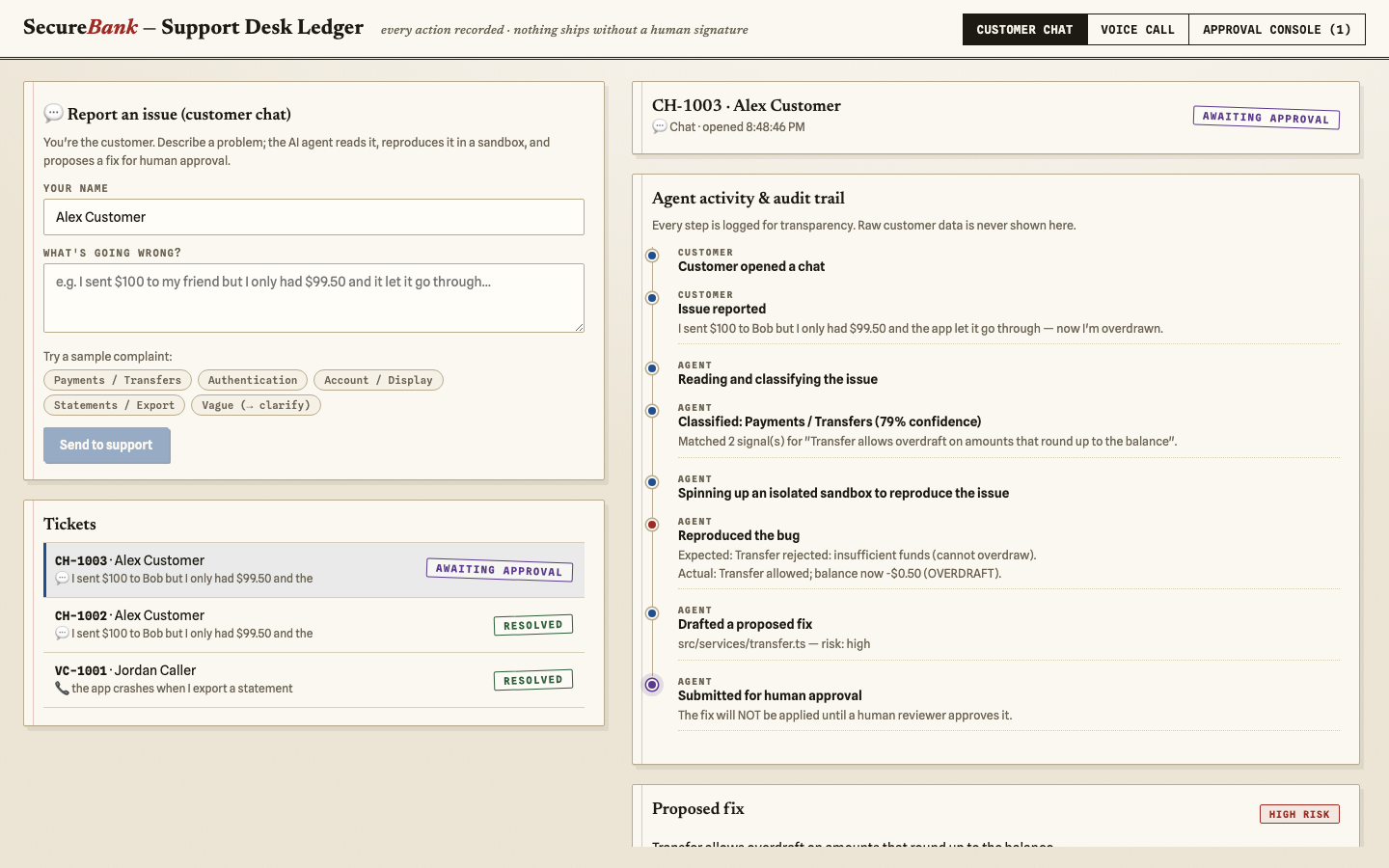 SecureBank customer chat and agent activity trail